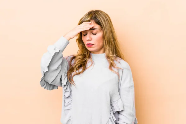 Young Blonde Caucasian Woman Having Head Ache Touching Front Face — Stock Photo, Image