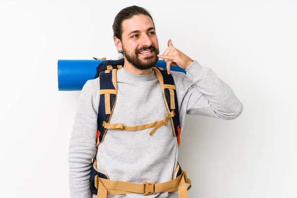 Jovem Mochileiro Homem Isolado Fundo Branco Mostrando Telefone Celular Chamada — Fotografia de Stock