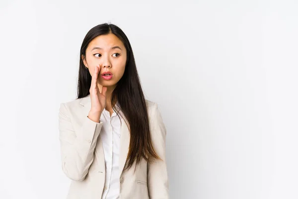 Jovem Chinês Negócios Mulher Isolada Está Dizendo Segredo Quente Freio — Fotografia de Stock