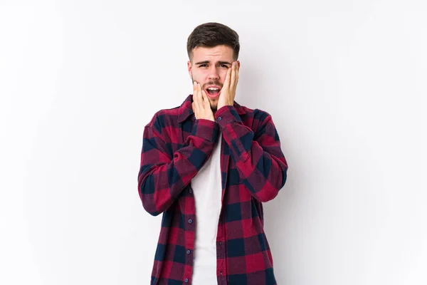 Young Caucasian Man Posing White Background Isolated Whining Crying Disconsolately — Stock Photo, Image