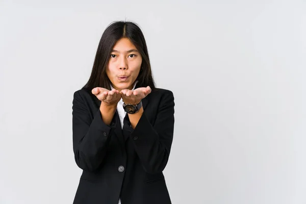 Joven Asiático Negocios Mujer Plegable Labios Celebración Palmas Enviar Aire — Foto de Stock