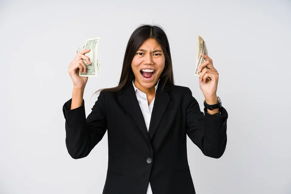 Young Chinese Business Woman Holding Money Isolated — Stock Photo, Image