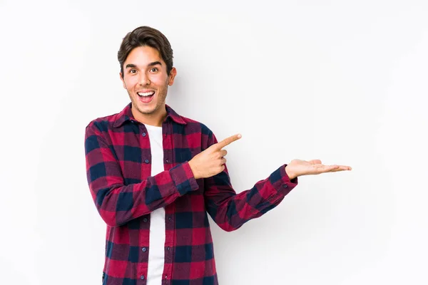 Young Caucasian Man Posing Pink Background Isolated Excited Holding Copy — Stock Photo, Image