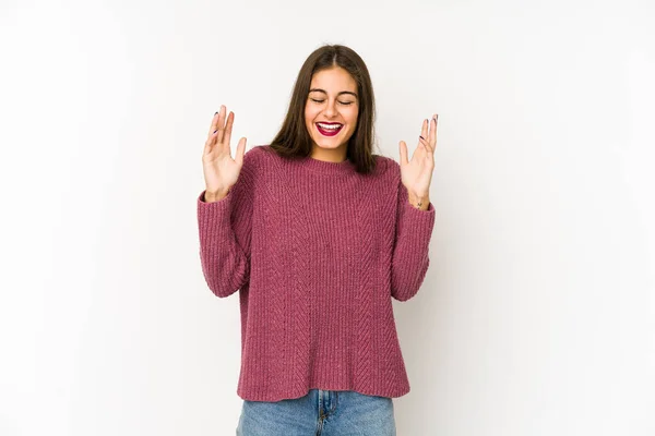 Joven Mujer Caucásica Aislada Sobre Fondo Blanco Alegre Riendo Mucho — Foto de Stock