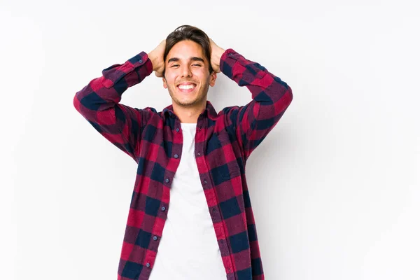 Young Caucasian Man Posing Pink Background Isolated Laughs Joyfully Keeping — Stock Photo, Image