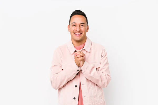 Young Latin Man Posing Isolated Praying Luck Amazed Opening Mouth — Stock Photo, Image