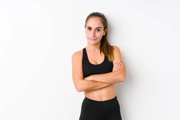 Young Caucasian Fitness Woman Posing White Background Frowning Face Displeasure — Stock Photo, Image