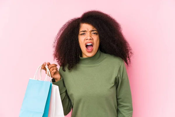 Jong Afro Vrouw Winkelen Geïsoleerd Jong Afro Vrouw Kopen Isolajong — Stockfoto