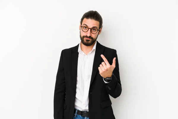 Νεαρός Καυκάσιος Επιχειρηματίας Απομονωμένος Λευκό Φόντο Δείχνοντας Δάχτυλο Σαν Προσκαλούσε — Φωτογραφία Αρχείου