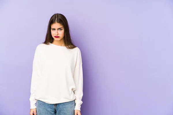 Young Caucasian Woman Isolated Purple Background Sad Serious Face Feeling — Stock Photo, Image