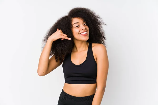Young African American Sporty Woman Showing Mobile Phone Call Gesture — Stock Photo, Image