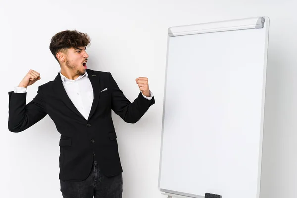 Young Business Coaching Arabian Man Raising Fist Victory Winner Concept — Stock Photo, Image