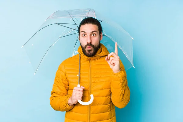 Fiatal Férfi Visel Egy Hosszú Haj Megjelenés Kezében Egy Esernyő — Stock Fotó