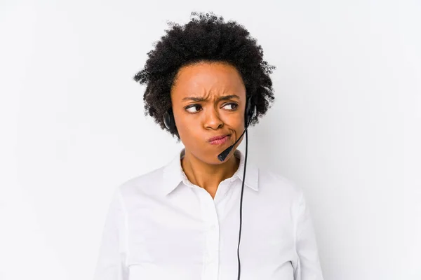 Joven Afroamericana Telemarketer Mujer Aislada Confundida Siente Dudosa Insegura — Foto de Stock