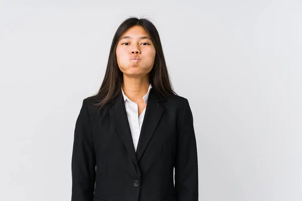 Junge Asiatische Geschäftsfrau Bläst Wangen Hat Müde Miene Gesichtsausdruck — Stockfoto