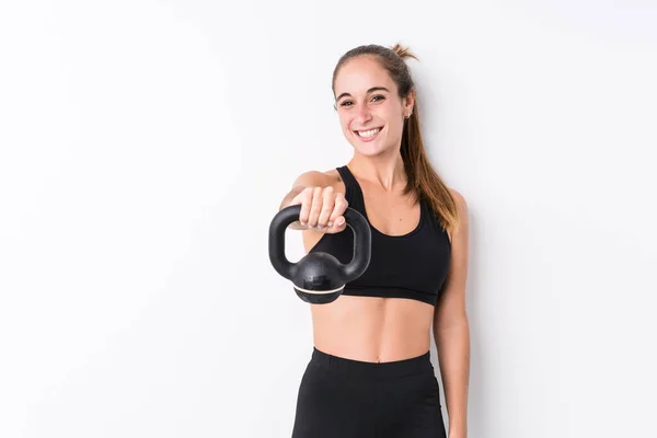 Mladý Kavkazský Sportovní Žena Drží Kettlebell — Stock fotografie