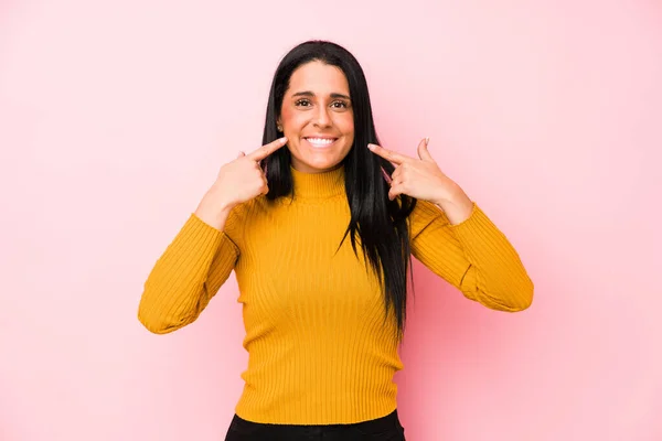 Young Caucasian Woman Isolated Pink Background Smiles Pointing Fingers Mouth — Stock Photo, Image