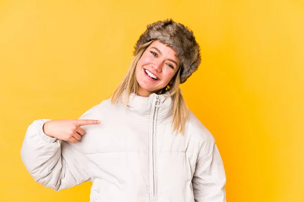 Young Blonde Caucasian Woman Wearing Winter Clothes Isolated Person Pointing — Stock Photo, Image