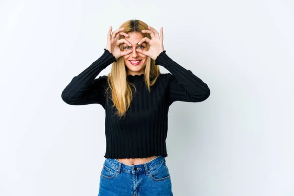 Young Blonde Woman Isolated White Background Showing Okay Sign Eyes — Stock Photo, Image