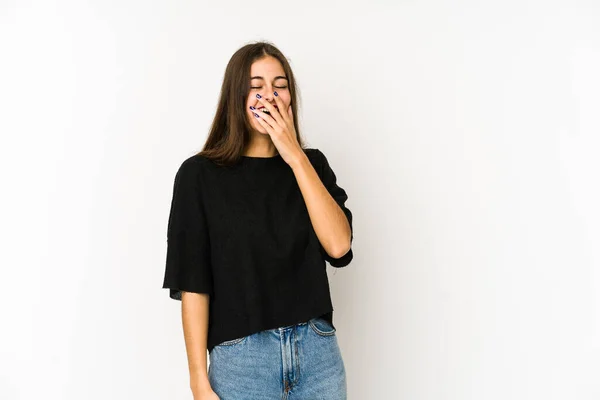 Joven Mujer Caucásica Aislada Sobre Fondo Blanco Riendo Feliz Despreocupada — Foto de Stock