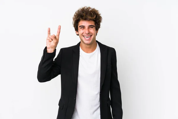 Young Caucasian Business Man White Background Isolated Showing Horns Gesture — Stock Photo, Image