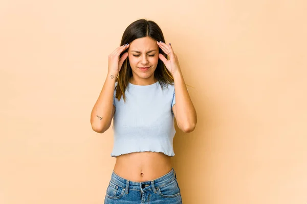 Young Woman Isolated Beige Background Touching Temples Having Headache — Stock Photo, Image