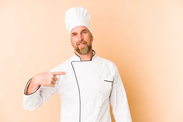 Chef Man Isolated Beige Background Person Pointing Hand Shirt Copy — Stock Photo, Image