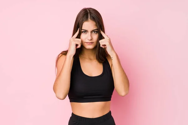 Jonge Blanke Fitness Vrouw Doet Sport Geïsoleerd Gericht Een Taak — Stockfoto