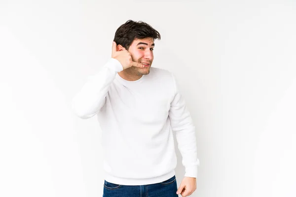 Mladý Muž Izolovaný Bílém Pozadí Ukazující Gesto Mobilního Telefonu Prsty — Stock fotografie
