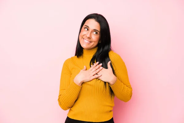 Young Caucasian Woman Isolated Pink Background Has Friendly Expression Pressing — Stock Photo, Image