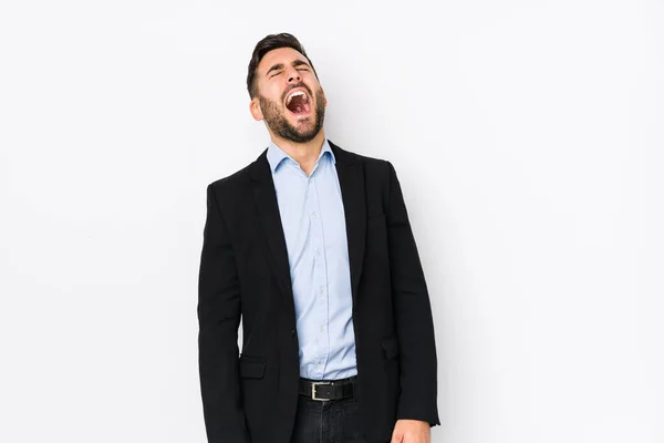 Mladý Kavkazský Podnikatel Bílém Pozadí Izolovaný Uvolněný Šťastný Smích Krk — Stock fotografie
