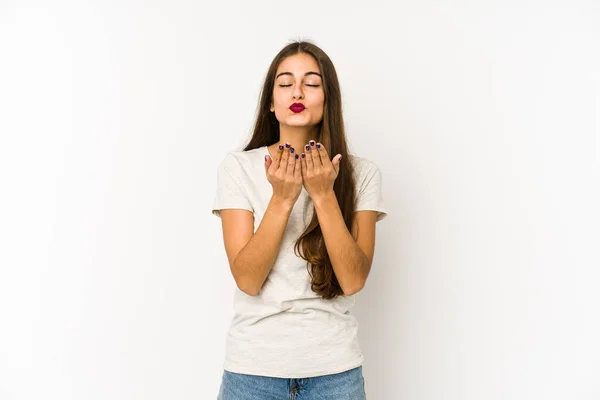 Mulher Branca Jovem Isolado Fundo Branco Lábios Dobráveis Segurando Palmas — Fotografia de Stock