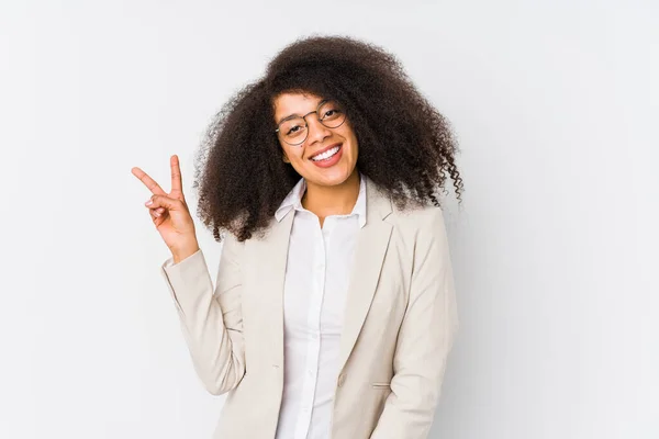 Jeune Femme Affaires Afro Américaine Joyeuse Insouciante Montrant Symbole Paix — Photo