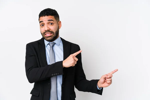 Young Latin Business Woman White Background Isolated Shocked Pointing Index — Stock Photo, Image