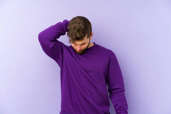 Young Caucasian Man Isolated Purple Background Having Neck Pain Due — Stock Photo, Image