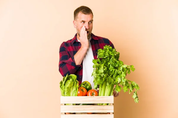 Farmer Senior Man Isolated Beige Background Saying Secret Hot Braking — Stock Photo, Image