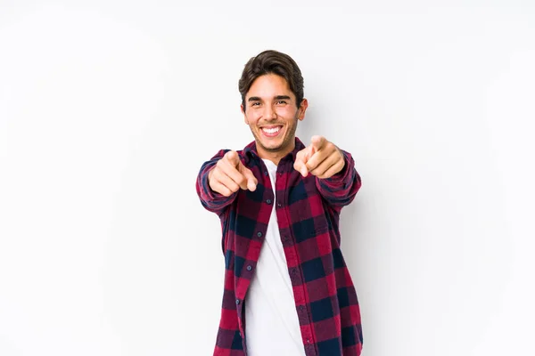 Young Caucasian Man Posing Pink Background Isolated Cheerful Smiles Pointing — 스톡 사진