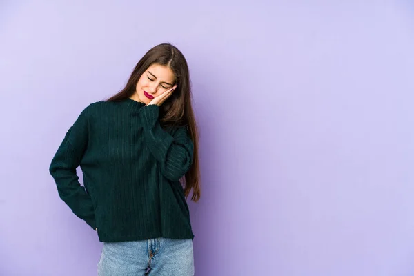Young Caucasian Woman Isolated Purple Background Who Bored Fatigued Need — Stock Photo, Image