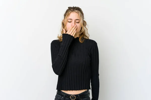 Young Caucasian Woman White Backrgound Yawning Showing Tired Gesture Covering — Stock Photo, Image