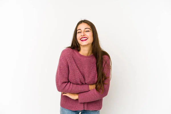 Joven Mujer Caucásica Aislada Sobre Fondo Blanco Riendo Divirtiéndose — Foto de Stock