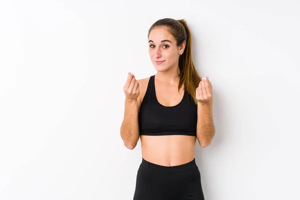 Joven Caucásica Fitness Mujer Posando Fondo Blanco Mostrando Que Ella —  Fotos de Stock