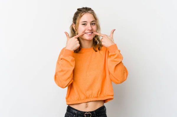 Young Caucasian Woman White Backrgound Smiles Pointing Fingers Mouth — Stock Photo, Image