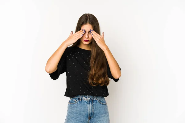 Young Caucasian Woman Isolated White Background Having Head Ache Touching — Stock Photo, Image