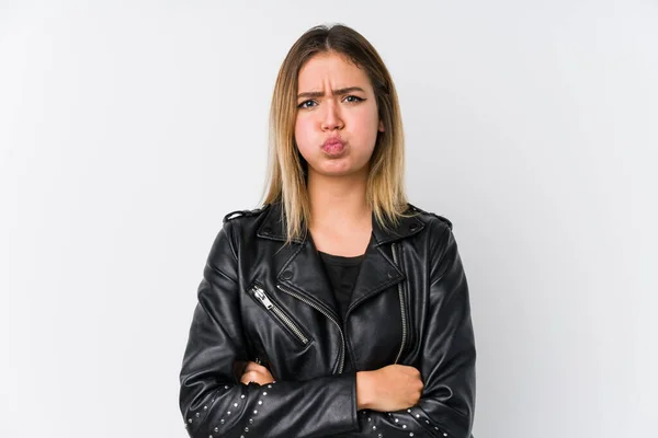 Young Caucasian Woman Wearing Black Leather Jacket Blows Cheeks Has — Stock Photo, Image