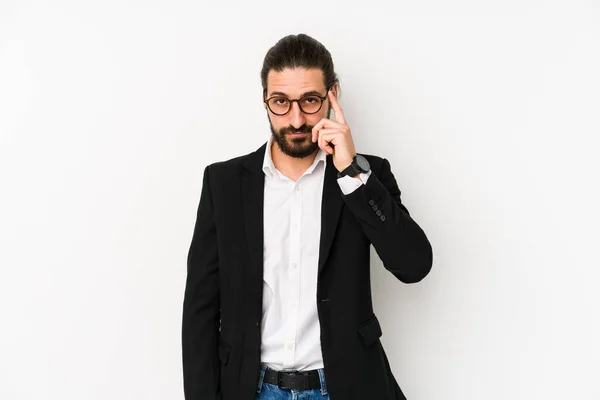 Junger Kaukasischer Geschäftsmann Isoliert Auf Weißem Hintergrund Zeigt Mit Dem — Stockfoto