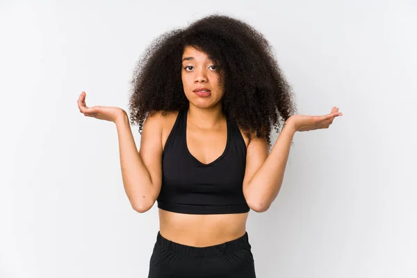 Joven Afroamericana Deportiva Mujer Confundida Dudosa Encogiéndose Hombros Para Sostener —  Fotos de Stock