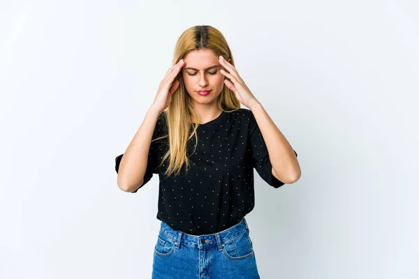 Young Blonde Woman Isolated White Background Touching Temples Having Headache — Stock Photo, Image