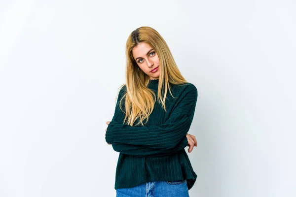 Ung Blond Kvinna Isolerad Vit Bakgrund Som Uttråkad Trött Och — Stockfoto