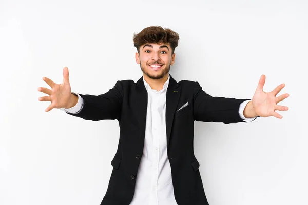 Young Arabian Business Man Isolated Feels Confident Giving Hug Camera — Stock Photo, Image