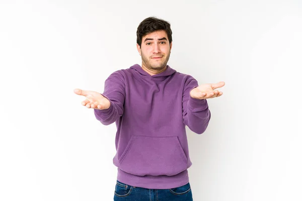 Young Man Isolated White Background Makes Scale Arms Feels Happy — Stock Photo, Image